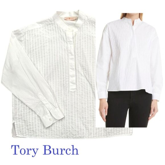 Tory Burch Oversized Pleated Cotton Blouse Size 0 Timeless Elegance Crisp White - Picture 4 of 11
